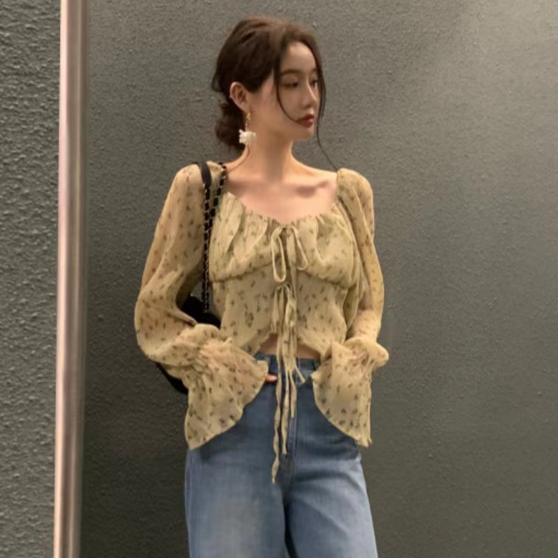 韓國東大門法式浪漫 復古碎花長袖薄款小衫褶皺防曬上衣