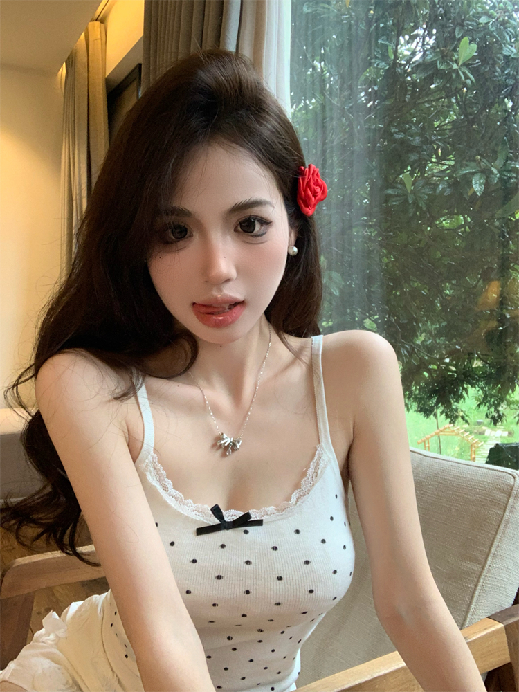 實拍 針織波點純欲拼接蕾絲修身顯瘦吊帶女