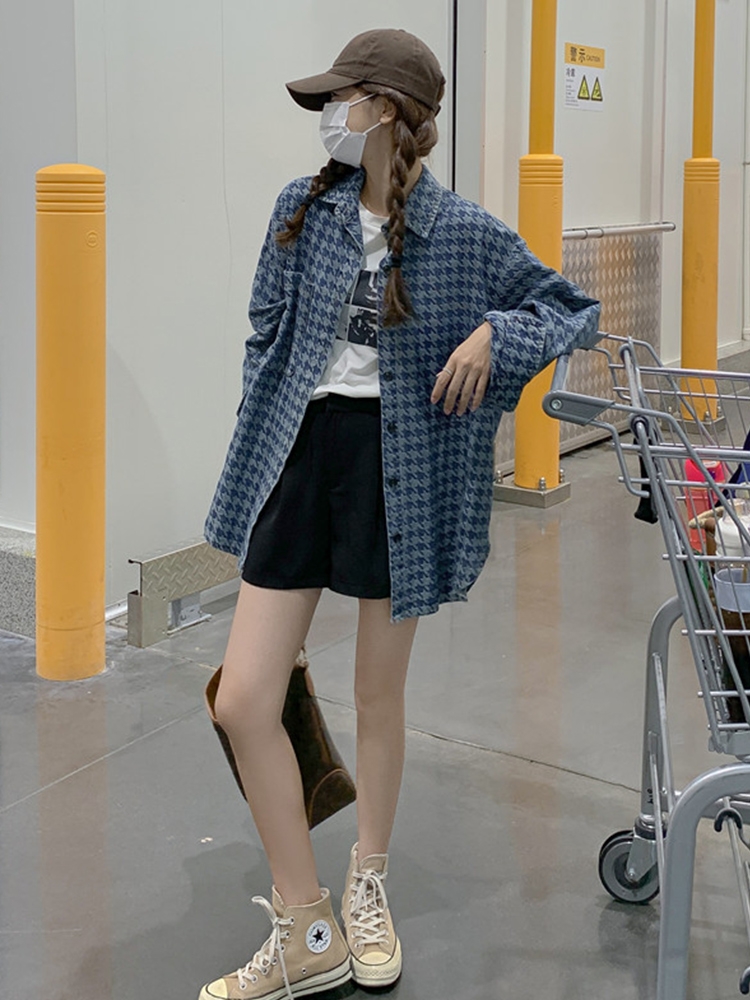 牛仔襯衫女2024早春新款韓版寬鬆休閒高級感超好看長袖千鳥格上衣