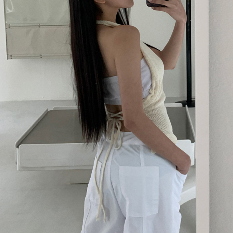 韓版掛脖抹胸辣妹純欲性感蝴蝶結露背細帶吊帶背心短款美背