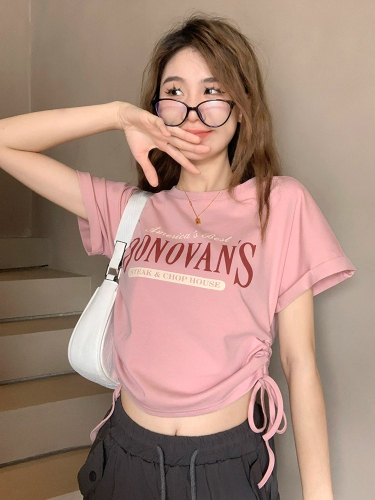 Official picture T-shirt for women summer new letter print pleated bottoming shirt short slimming top