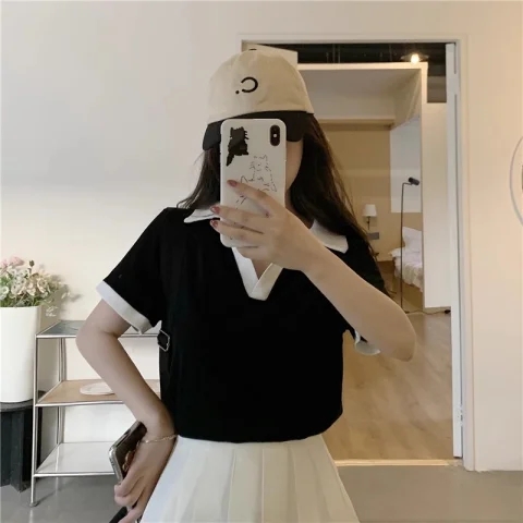 92棉/8氨綸辣妹POLO衫V領撞色短袖T恤女夏季韓版2024款正肩上衣服