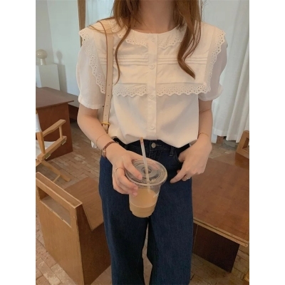 iamnoka高甜首爾蕾絲領襯衫女夏短袖氣質溫柔設計感小眾上衣
