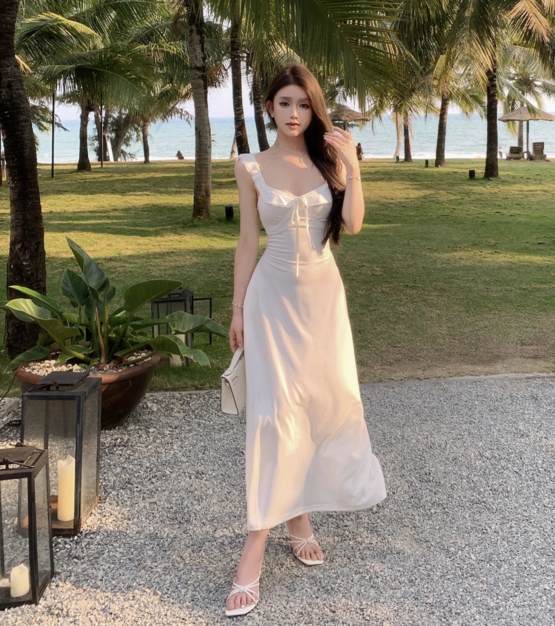 實拍 紅白玫瑰 啞光彈力針織綁帶掐出細腰修身連衣裙女