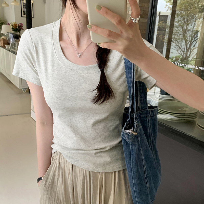 Actual pictures basic short threaded right shoulder slim short-sleeved T-shirt for women 2024 new solid color summer round neck top