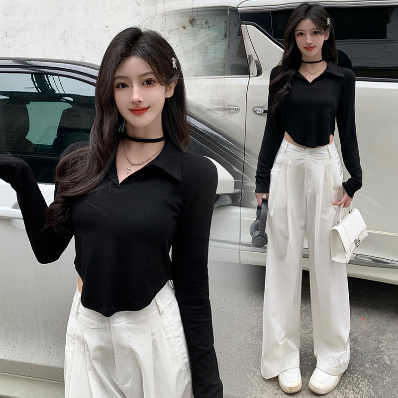 實拍~polo領純欲風短款長袖T恤大碼女裝春季辣妹設計感打底衫上衣