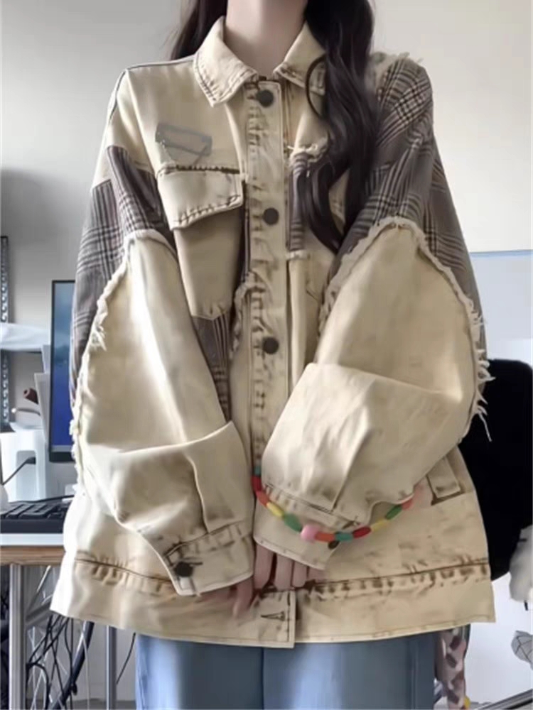 美式復古卡其色拼接做舊毛邊牛仔外套女春秋新款寬鬆百搭上衣夾克