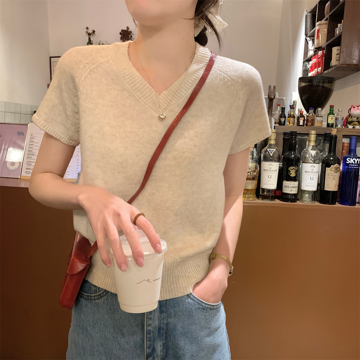 實拍 春夏韓版v領氣質插肩簡約純色百搭針織短袖上衣女