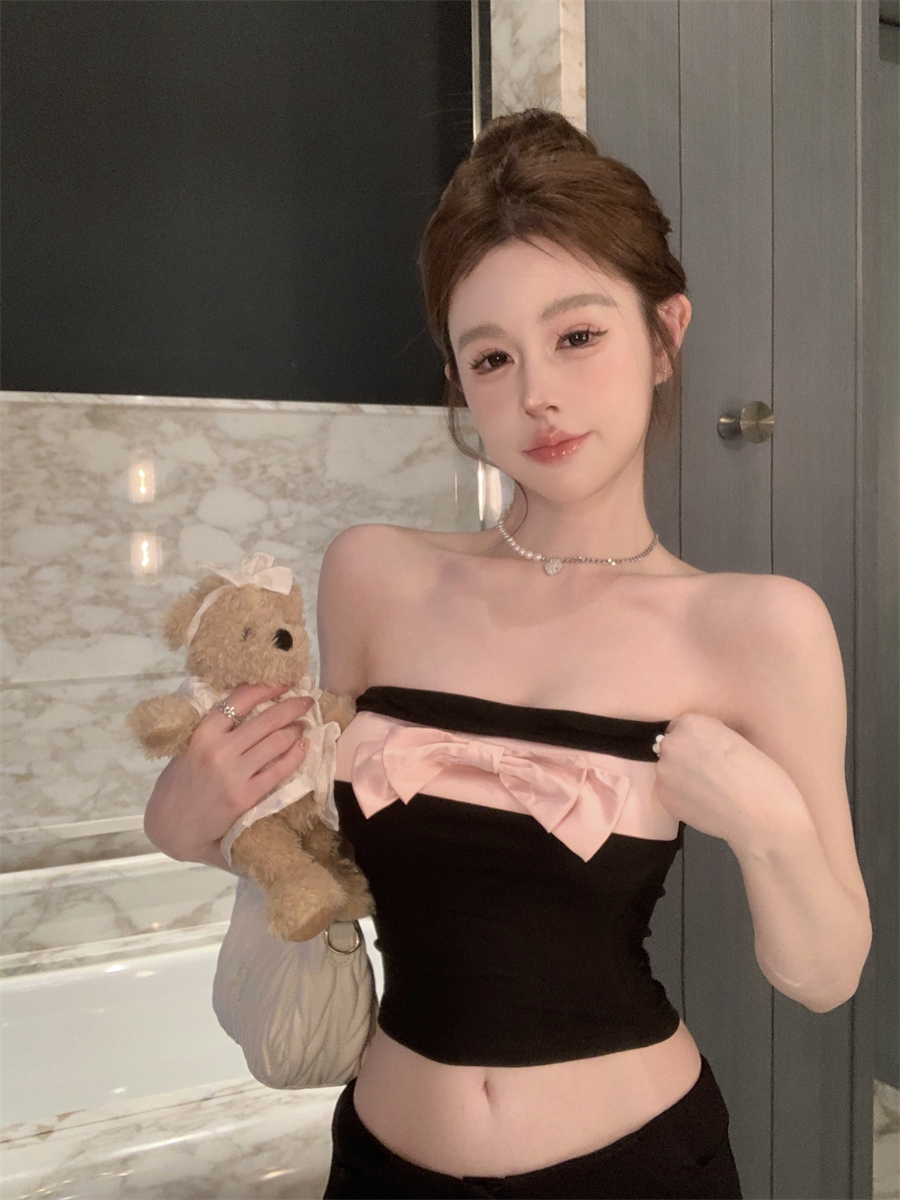 實拍~甜美辣妹蝴蝶結美背露臍抹胸外穿內搭修身顯瘦氣質上衣