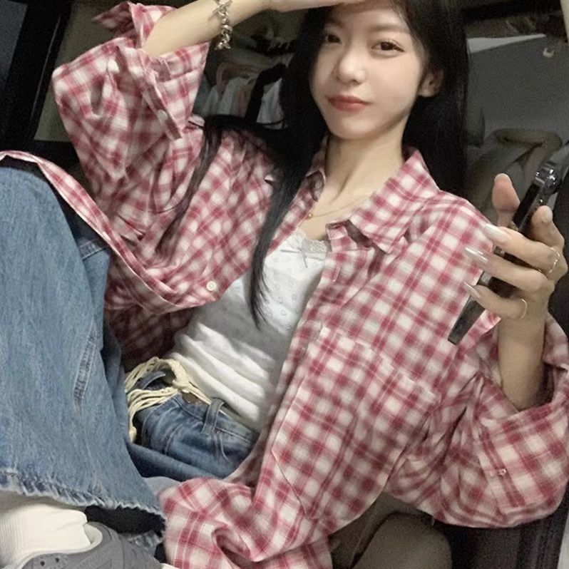 2024新款復古文藝風紅色格紋襯衫女美式慵懶風寬鬆百搭襯衣外穿潮