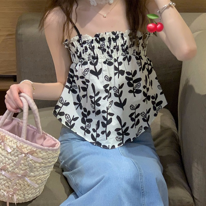 2024碎花初戀小吊帶上衣無袖背心女外穿設計感別致甜美辣妹內搭潮