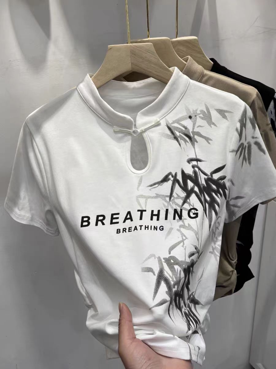 十三行春夏新款中式國風盤扣短袖正肩T恤女竹子印花修身短上衣