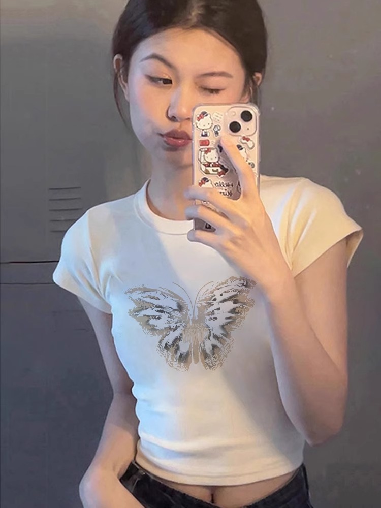 高質量純棉210克40支奧代爾92棉 8氨綸印花修身辣妹短款t恤女