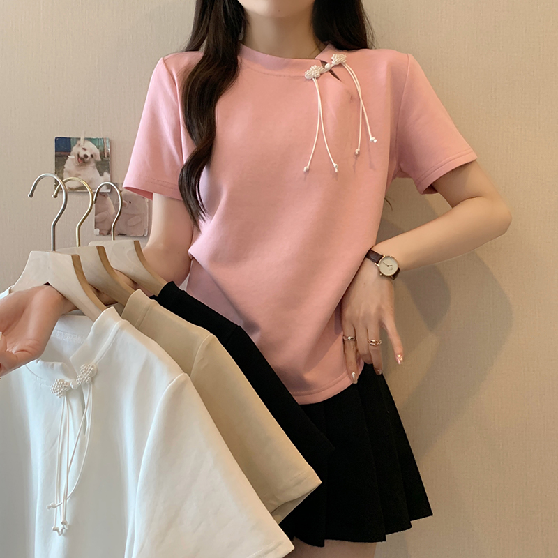 Actual shot of 2024 summer new style fat mm large size new Chinese style national style design unique plate button short-sleeved T-shirt
