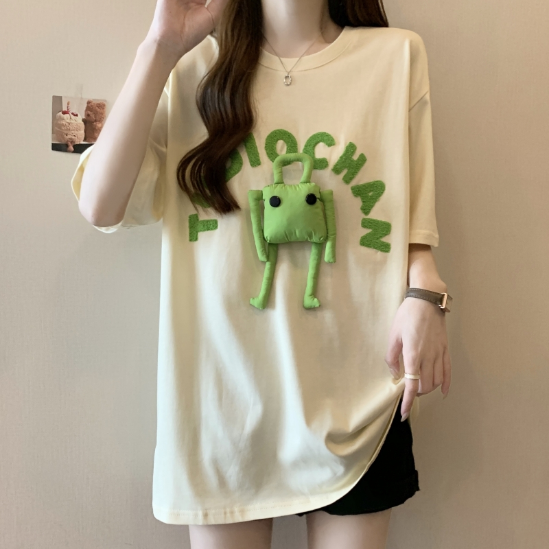 829#實拍  32支雙紗 2024夏裝純棉 毛巾繡公仔短袖T恤女寬鬆