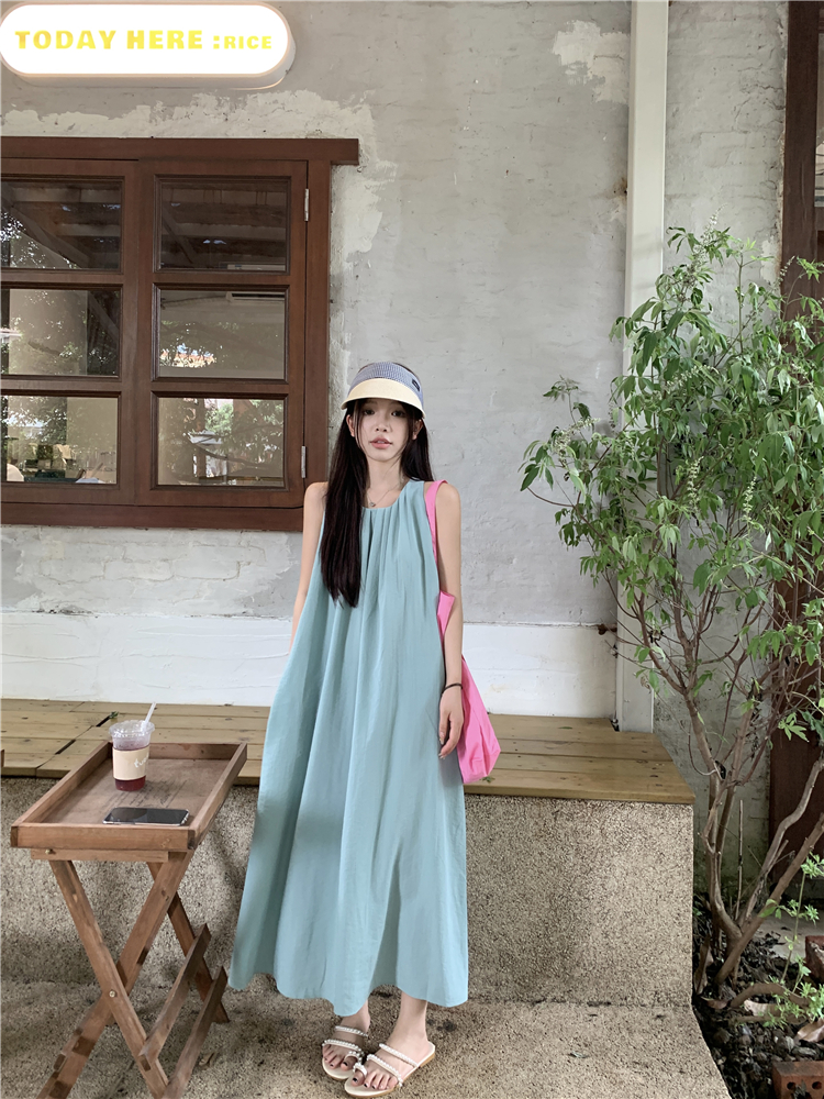 實拍~大碼夏季無袖氣質外穿法式薄款寬鬆純色韓版連衣裙女潮