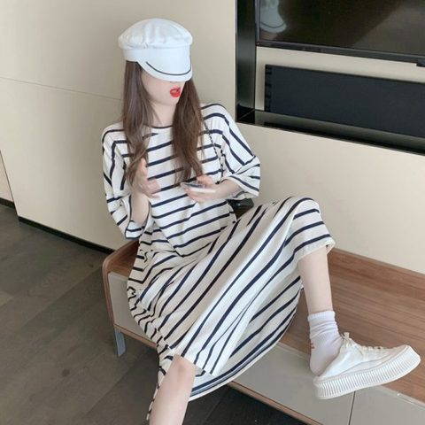 2024韓版短袖收腰顯瘦連衣裙遮肚大碼女裝條紋長裙過膝T恤腰帶裙