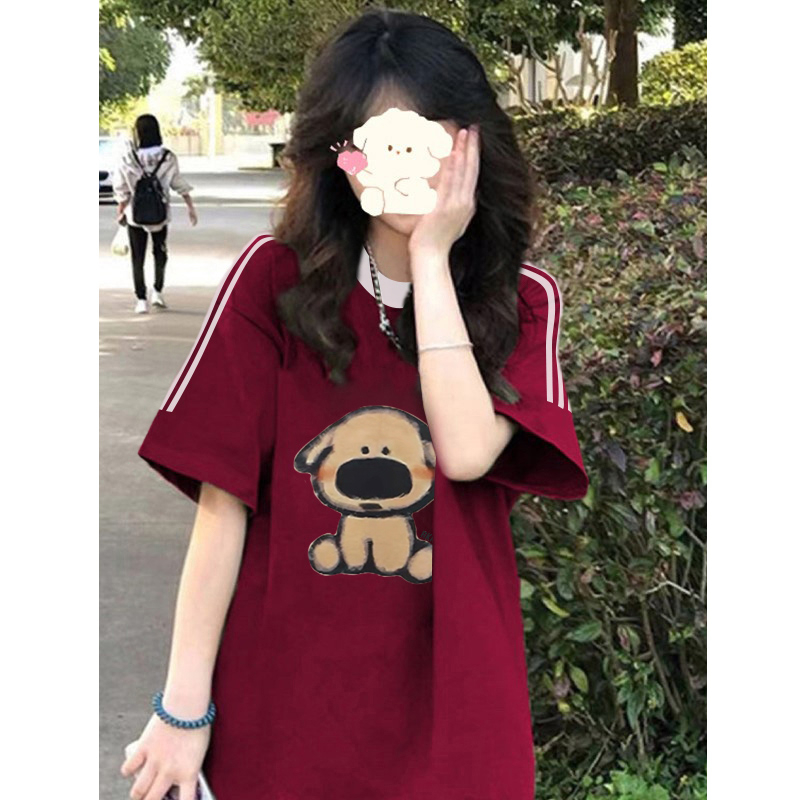 國潮牌撞色三條槓短袖t恤女夏季設計感小眾純棉寬鬆慵懶圓領上衣
