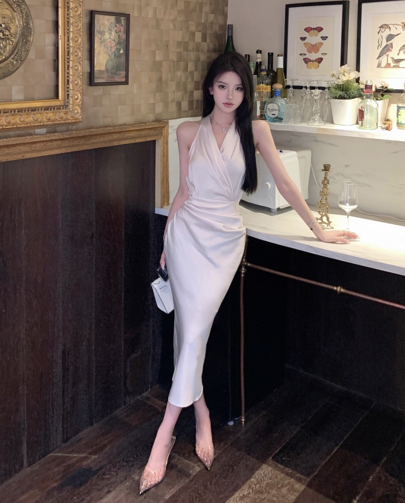 實拍 趙露思同款色系高級緞面中長裙名媛貴婦連衣裙