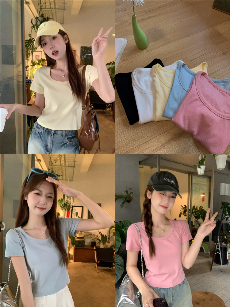 Real shot~Summer new versatile round neck short ribbed short-sleeved simple T-shirt top