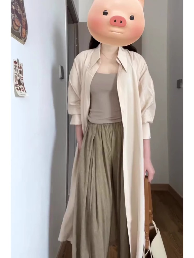 慵懶設計感中長款防曬風衣外套寬鬆顯瘦高腰垂感拖地闊腿褲三件套