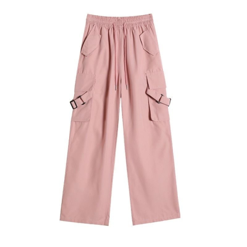 粉色工装裤女bf风夏季薄款高腰显瘦阔腿直筒休闲美式运动长裤子潮