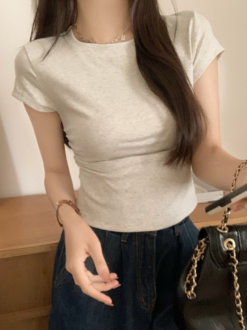 實拍  純棉 2024夏裝美式辣妹收腰t恤抽褶短袖收腰