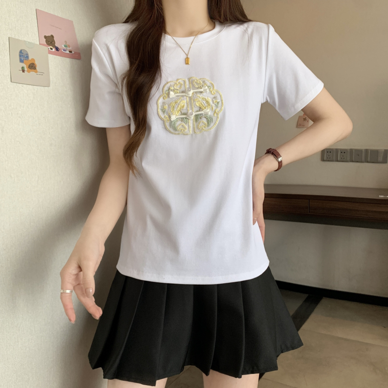 實拍 夏裝新款胖mm大碼刺繡新中式短袖T恤女顯瘦百搭國風上衣