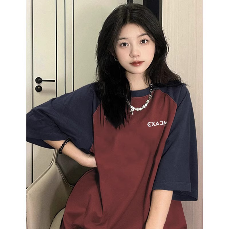 原版做工胖mm正肩拼接復古甜酷短袖t恤女夏2024新款大碼上衣