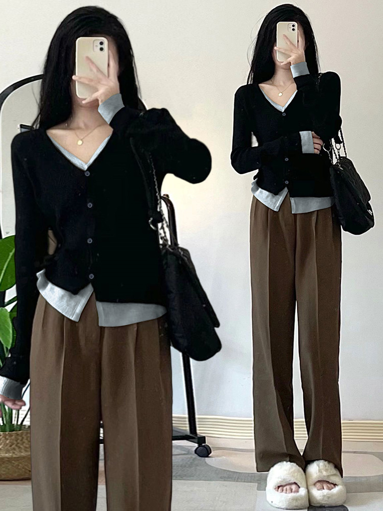 假兩件撞色拼接v領T恤女春季新款休閒修身顯瘦短款氣質長袖上衣潮