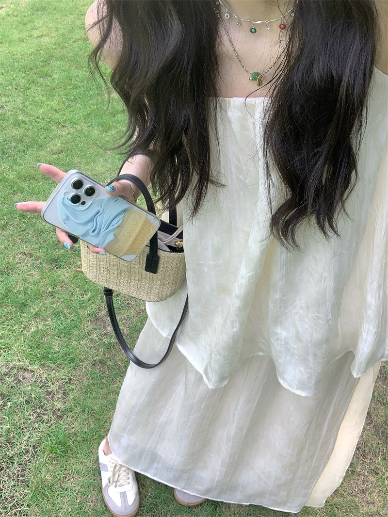 實拍#杏色吊帶上衣女春夏度假風設計感抹胸鬆緊腰半身裙套裝
