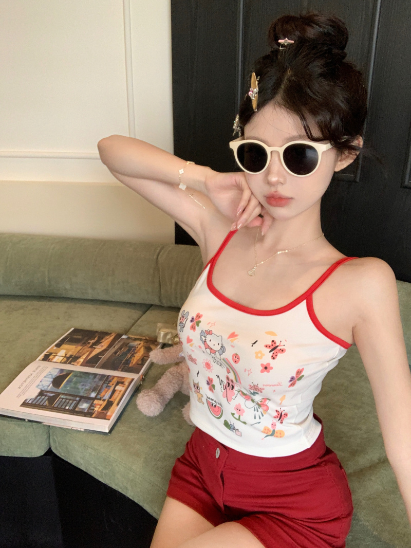 實拍 愛的覺醒印花吊帶背心女夏設計感撞色修身短款無袖上衣