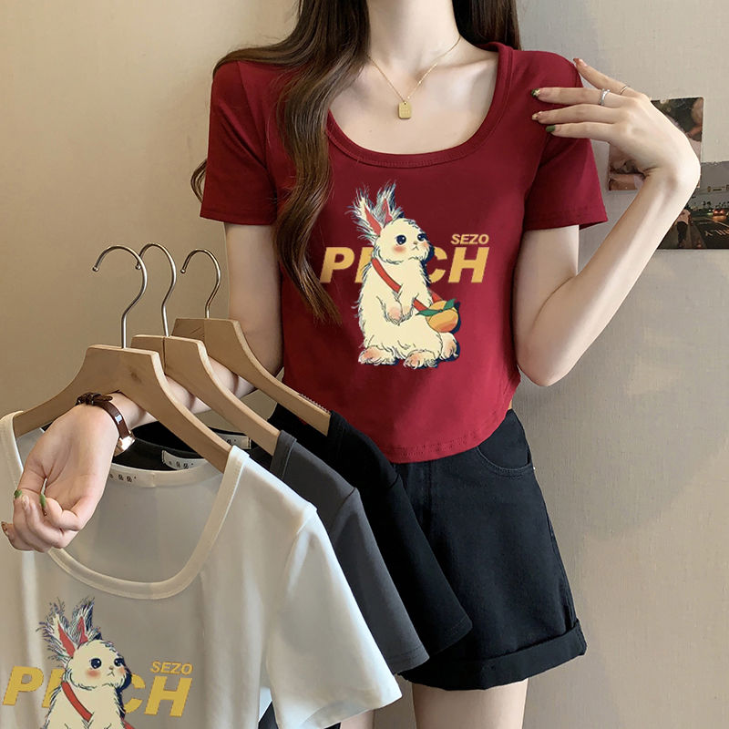 Actual shot of 2024 summer new style fat mm American dopamine outfit cartoon bunny hot girl short-sleeved T-shirt versatile and trendy
