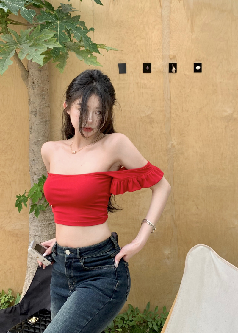 Actual shot of fragrant burgundy ~ pure lust lace flying sleeves, generous collar, navel-baring one-shoulder short top