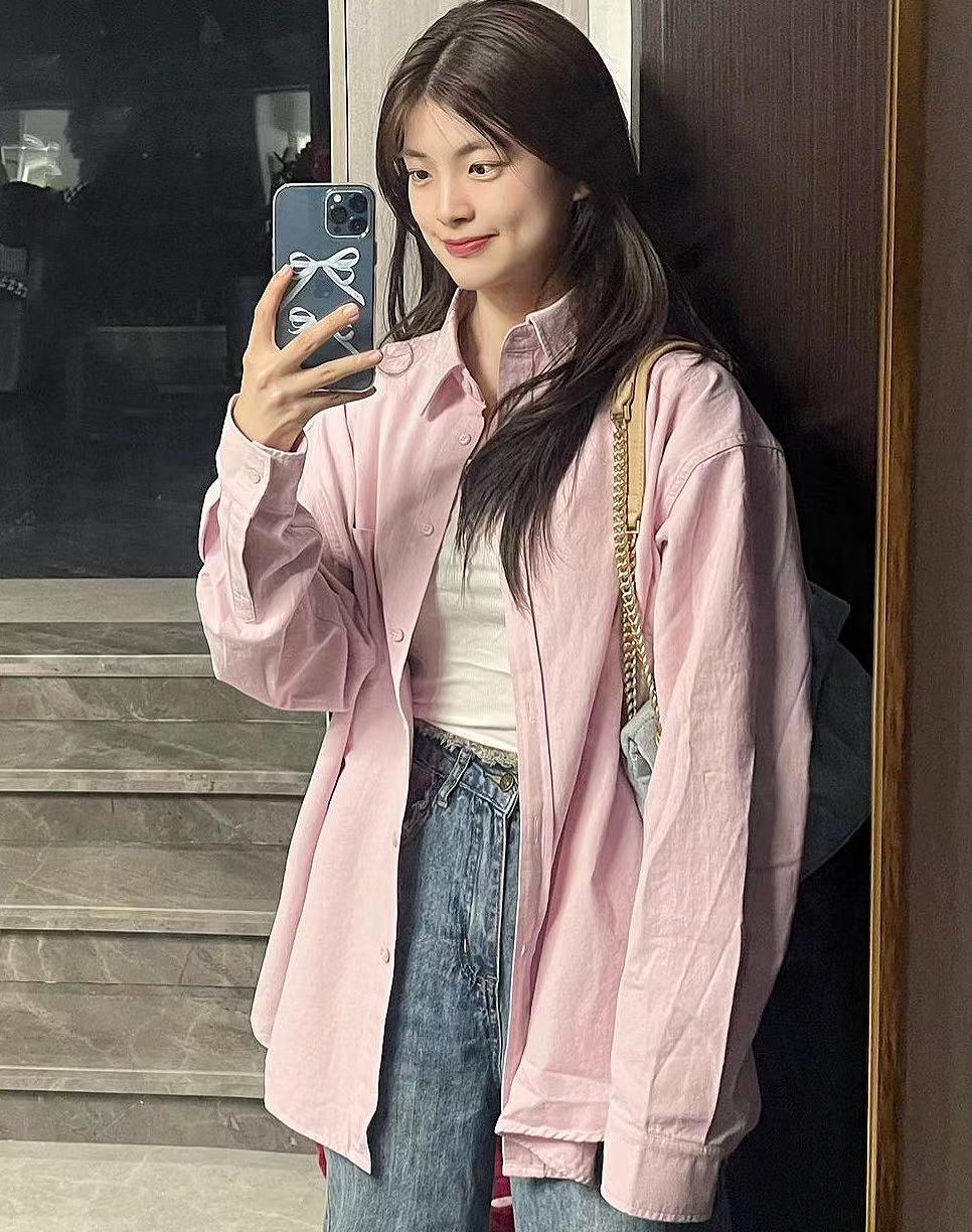 新品早秋藕粉色純棉襯衫女內搭外穿小眾設計感長袖上衣小個子襯衣