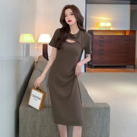 2024新款修身顯瘦遮肉中長款連衣裙女韓版甜美風收腰鏤空裙子女夏