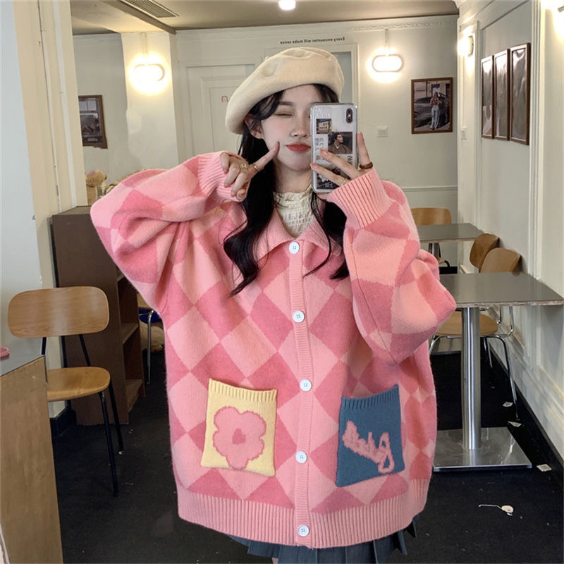 學院風毛衣oversize寬鬆秋冬款菱形外穿保暖長袖開衫上衣女