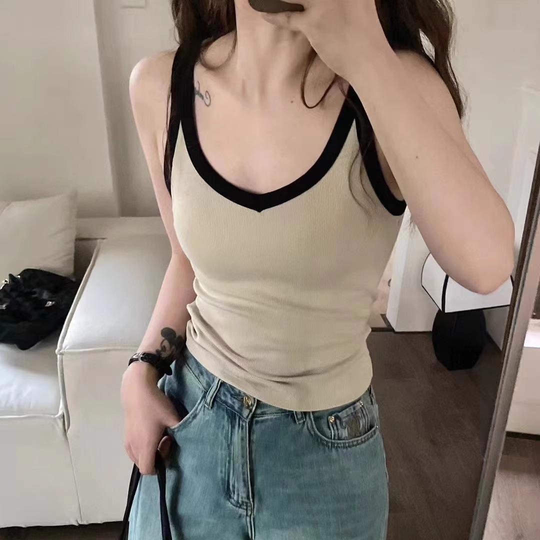 韓社百搭撞色一體杯背心女春夏季舒適修身防走光V領美背內搭上衣