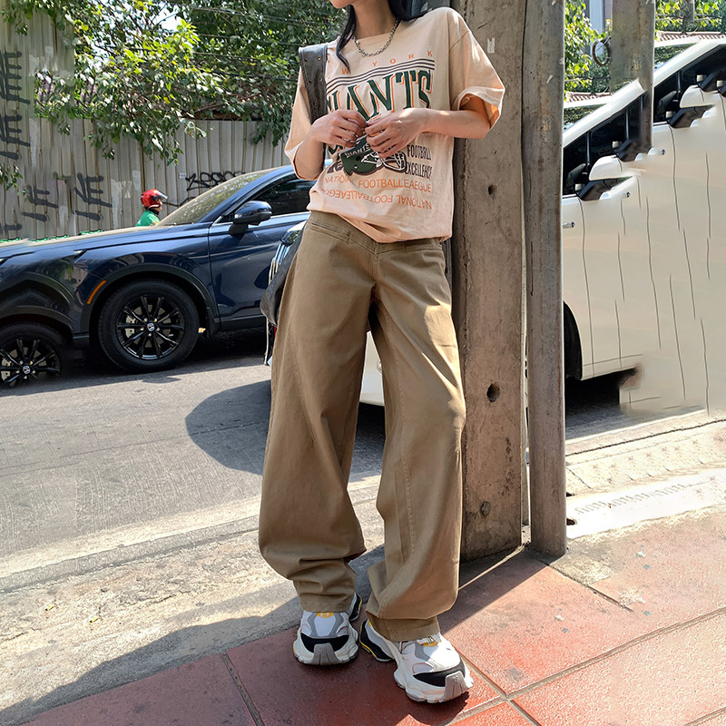 實拍美式復古高腰寬鬆闊腿褲卡其色工裝褲直筒褲女新款&長褲加長