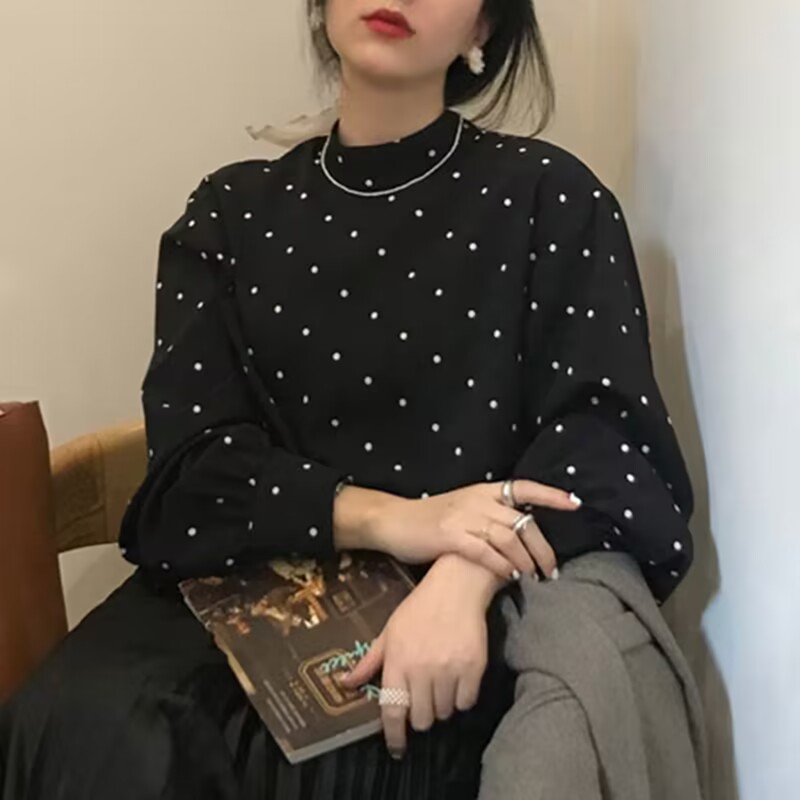 韓國chic法式復古黑白小波點半高領寬鬆泡泡袖打底襯衫上衣女