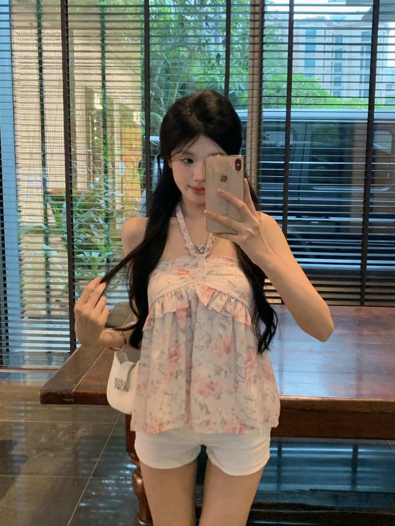 實拍 微醺甜茶 設計感小眾掛脖碎花吊帶背心女外穿甜辣上衣