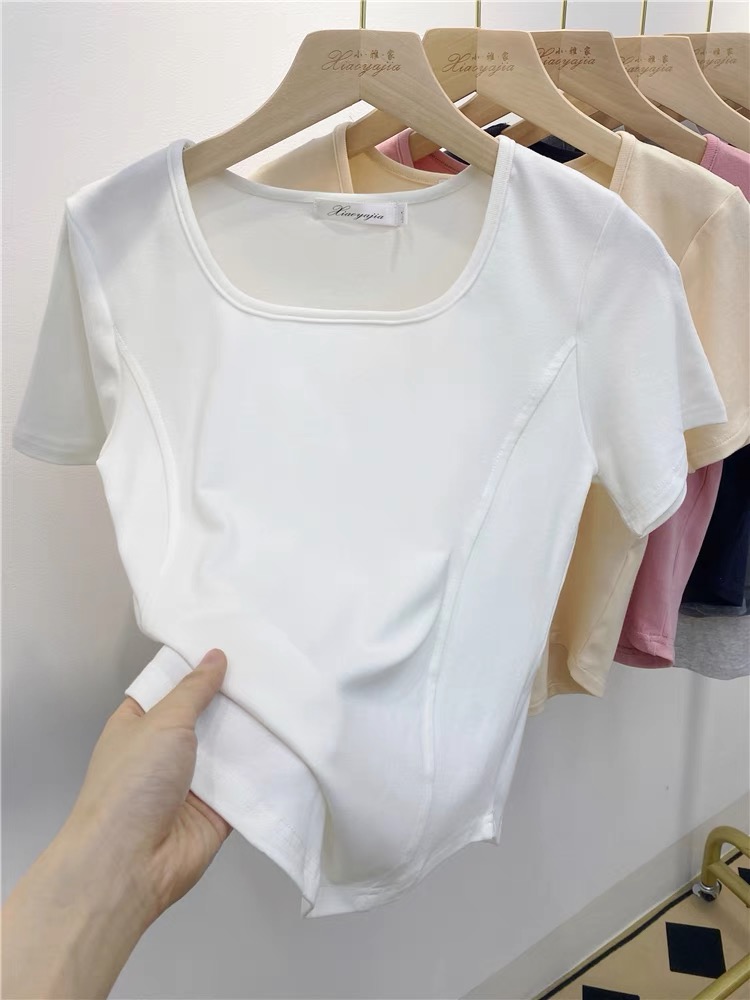 白色方領短袖T恤女裝2024夏季新款性感修身顯瘦魚骨熱辣美式上衣