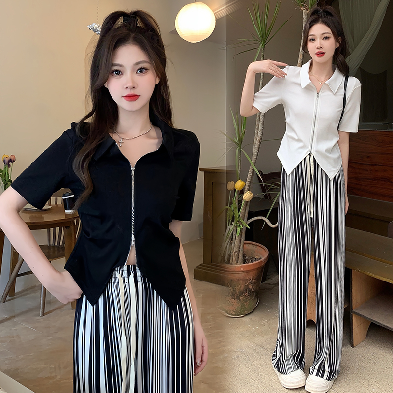 Actual shot of the new 2024 summer fat mm high-end zipper lapel cardigan T-shirt striped elastic waist wide-leg pants suit