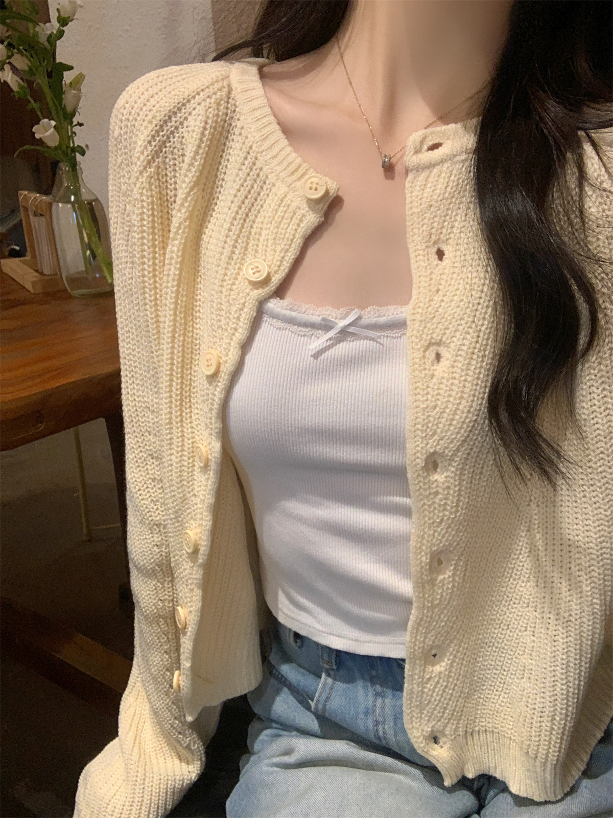 實拍 春季韓版圓領插肩設計感百搭針織防曬開衫女上衣外搭
