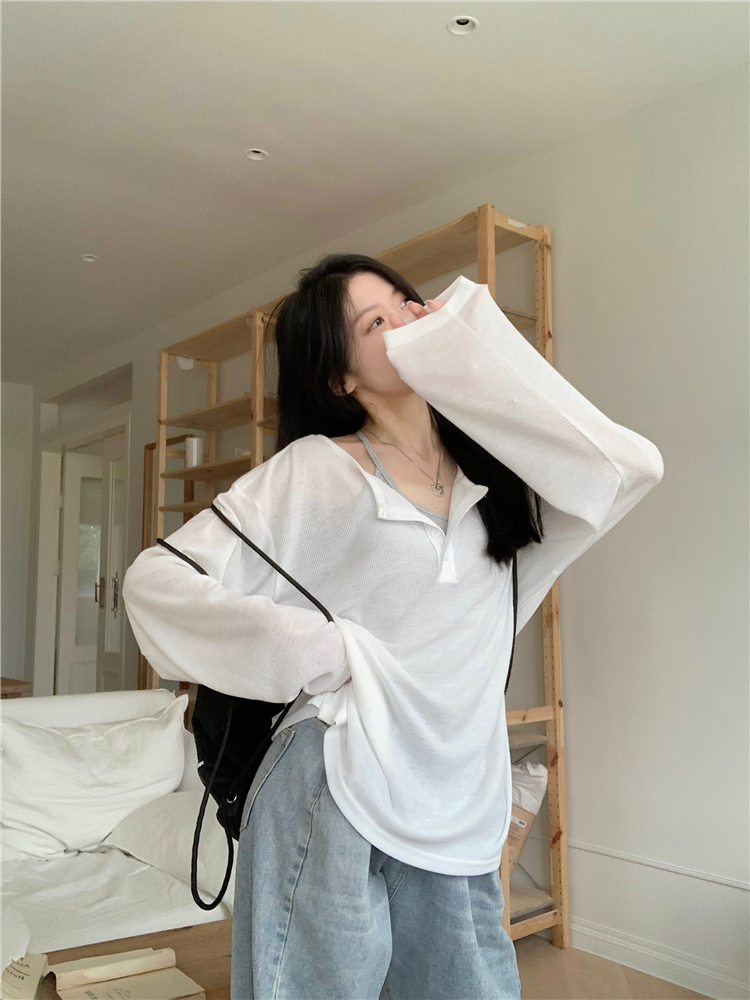 Real shot ~ Large size snowflake button solid color long-sleeved summer new V-neck discreet machine dropped shoulder knitted top for women