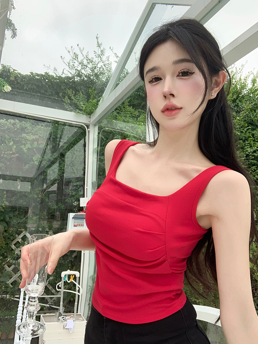 實拍  辣妹帶胸墊吊帶背心女純欲風短款性感打底衫內搭上衣