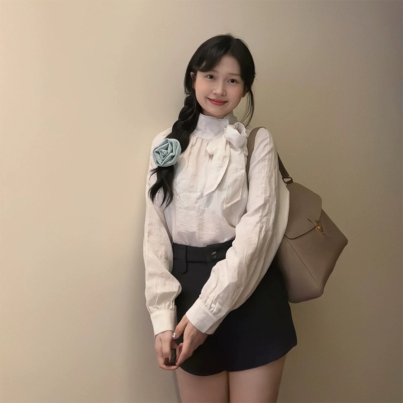 2024早春新款白色蝴蝶結長袖襯衫女設計感小眾襯衣獨特别致上衣