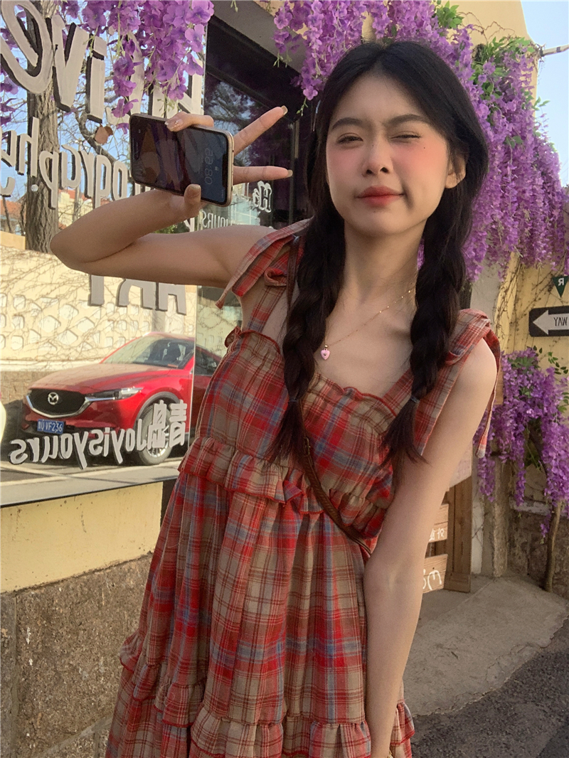 實拍 夏季韓版百搭吊帶綁帶格子中長款連衣裙長款