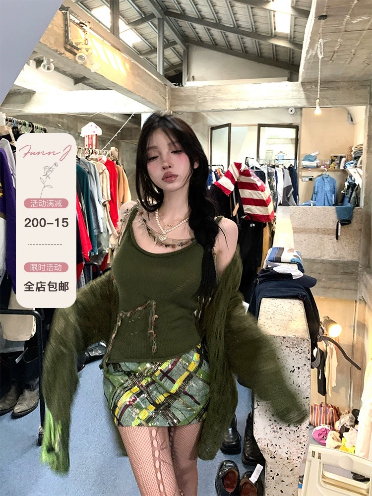 FunnJ方幾 茶藝獵手 復古針織吊帶背心女設計感小眾修身顯瘦上衣