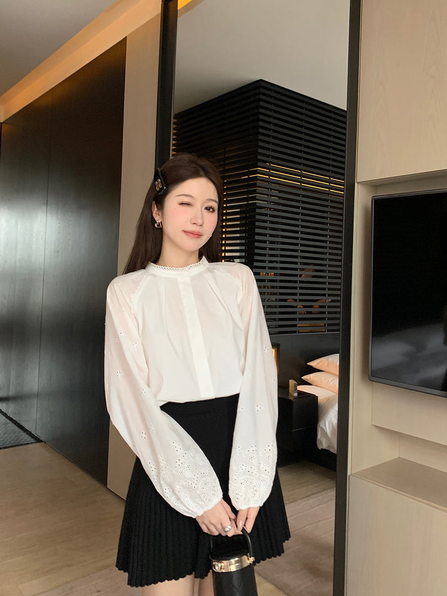 楊楊YANGRUOYU陽光丁香拼接甜美襯衫鏤空設計刺繡白色襯衣女